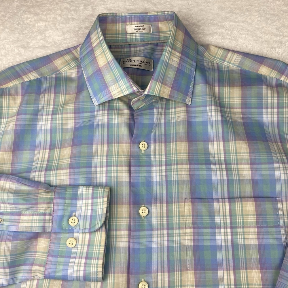Peter Millar Crown Ease Dress Shirt Mens Medium Multicolor Plaid Regular Fit
